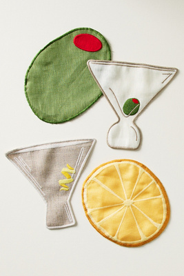 Anthropologie Novelty Piecework Linen Cocktail Napkins, Set Of 4 In Multi