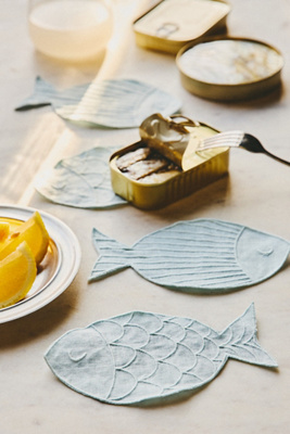 Anthropologie Novelty Piecework Linen Cocktail Napkins, Set Of 4