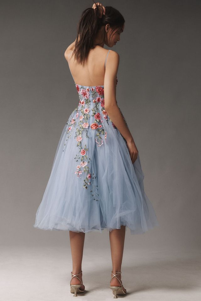 Mac Duggal Strapless Embroidered Tulle Midi Dress