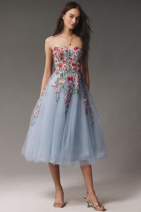 Mac Duggal Strapless Embroidered Tulle Midi Dress