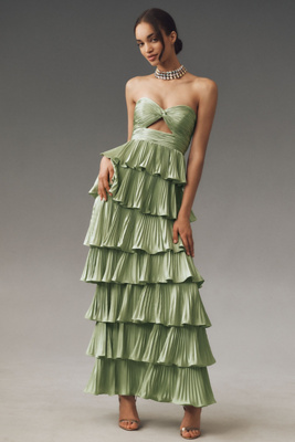 Mac Duggal Pleated Charmeuse Strapless Tiered Ruffle Gown In Green