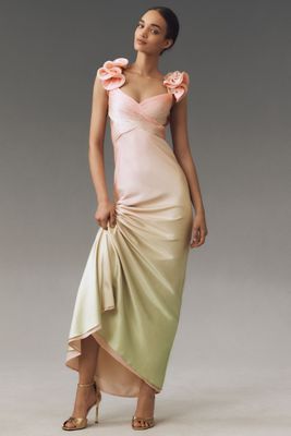 Mac Duggal Halter Polka Dot Ruffle Charmeuse Maxi Dress
