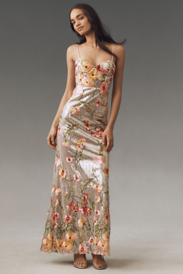 Mac Duggal All-over Sequin Floral Embroidered Maxi Dress In Silver