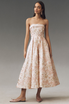 Mac Duggal Strapless Floral Brocade A Line Midi Dress In Pink
