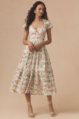 Mac Duggal Cap-sleeve V-neck Open-back Floral Midi Dress