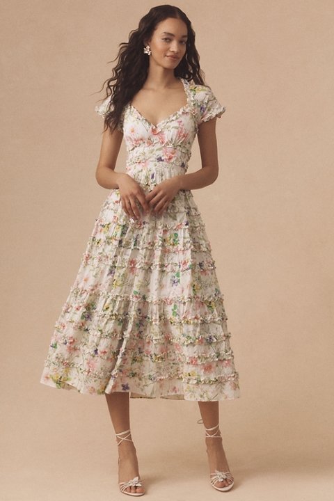 Mac Duggal Cap-Sleeve V-Neck Open-Back Floral Midi Dress