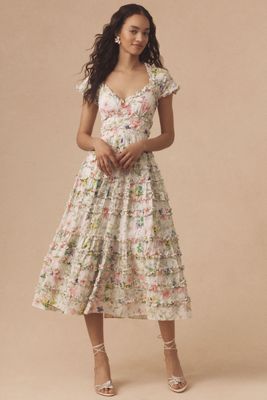 Mac Duggal Cap-Sleeve V-Neck Open-Back Floral Midi Dress