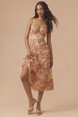 Mac Duggal Sleeveless V-neck Floral Mesh Ruffle Midi Dress
