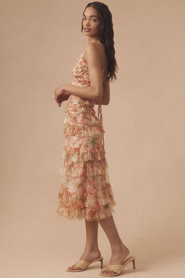 Mac Duggal Sleeveless V-Neck Floral Mesh Ruffle Midi Dress #3