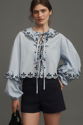 Shop Maeve Long-sleeve Scallop Tie-front Blouse In Blue