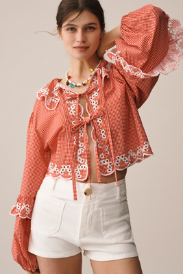 Maeve Long-sleeve Scallop Tie-front Blouse In Red