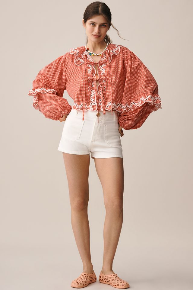 Maeve Long-Sleeve Scallop Tie-Front Blouse