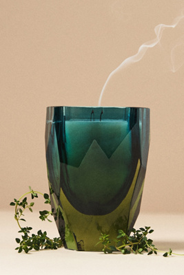 Anthropologie Mira Woody White Cedar & Thyme Tall Cut Glass Candle In Green