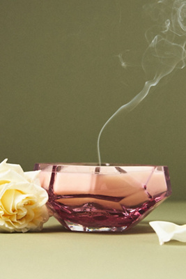 Anthropologie Mira Woody Teakwood Rose Cut Glass Candle In Pink