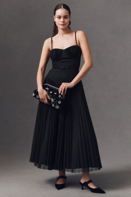 HUTCH AMARA CORSET PLEATED TULLE DROP-WAIST FIT & FLARE MIDI DRESS 