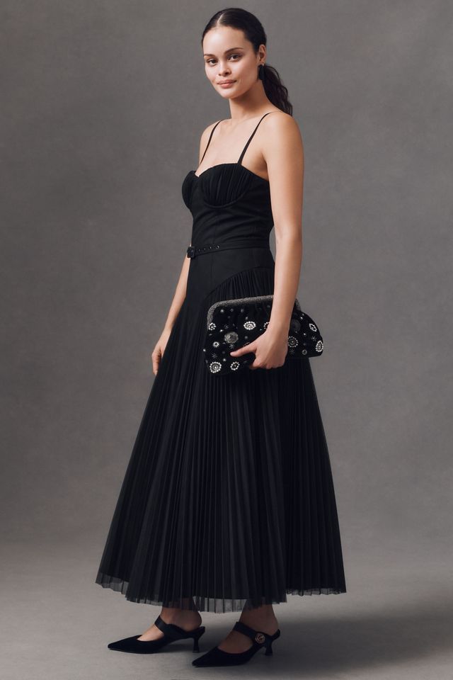 Hutch Amara Corset Pleated Tulle Drop-Waist Fit & Flare Midi Dress