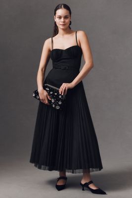 Hutch Amara Corset Pleated Tulle Drop-Waist Fit & Flare Midi Dress