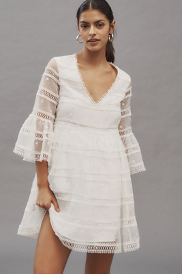 BHLDN FLARED-SLEEVE V-NECK SHEER LACE BABYDOLL MINI DRESS 