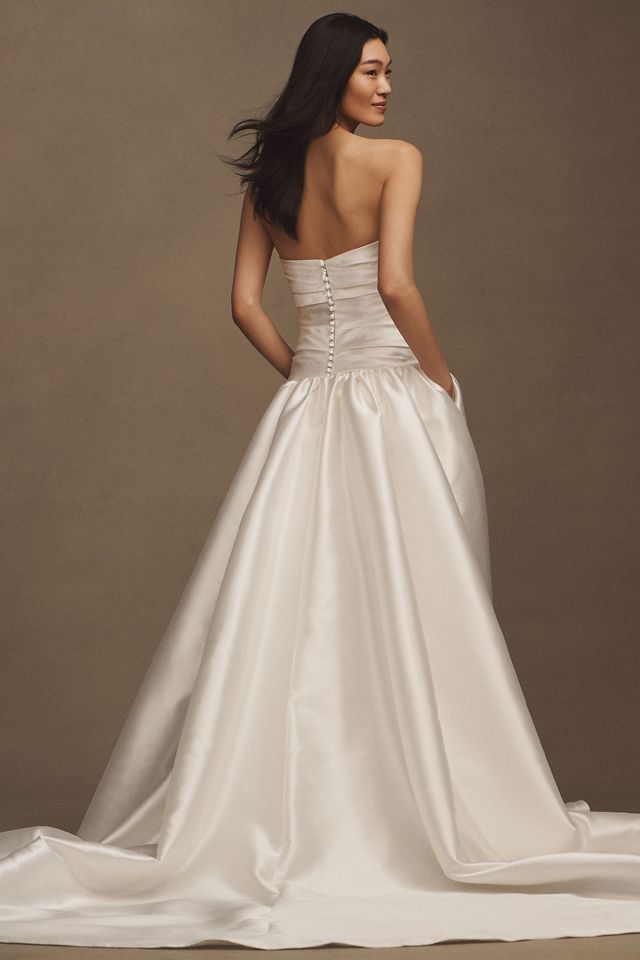 Watters Leighton Mikado Strapless Drop-Waist Draped Ball-Skirt Wedding Gown #1