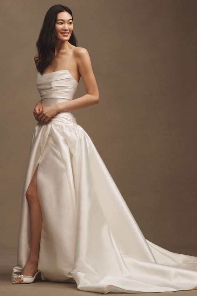Watters Leighton Mikado Strapless Drop-Waist Draped Ball-Skirt Wedding Gown #3