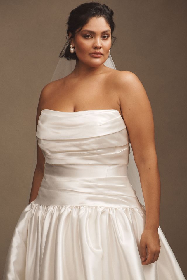 Watters Leighton Mikado Strapless Drop-Waist Draped Ball-Skirt Wedding Gown #6