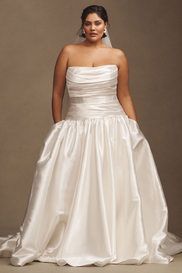 Watters Leighton Mikado Strapless Drop-Waist Draped Ball-Skirt Wedding Gown #7
