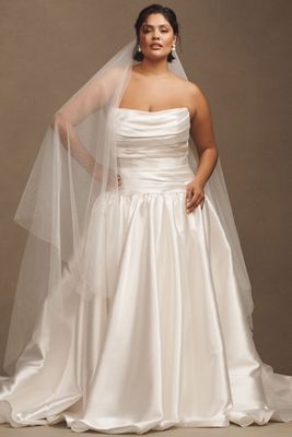 Watters Leighton Mikado Strapless Drop-Waist Draped Ball-Skirt Wedding Gown