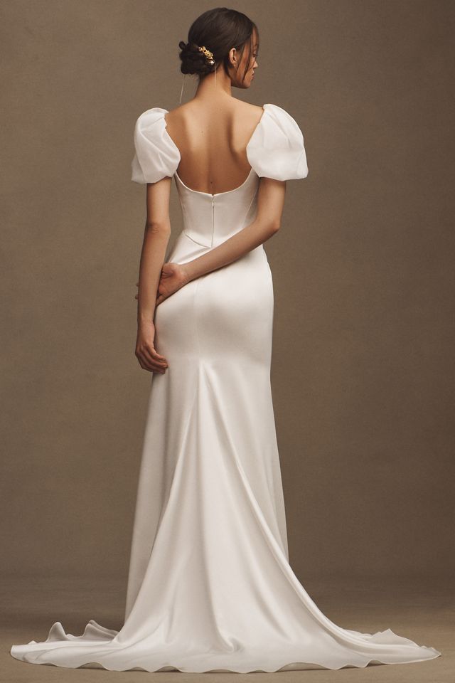 Willowby by Watters Collins Puff-Sleeve Satin Column Wedding Gown