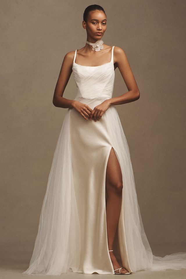 Watters Veronica Satin Square-Neck Chiffon-Overlay A-Line Wedding Gown #3