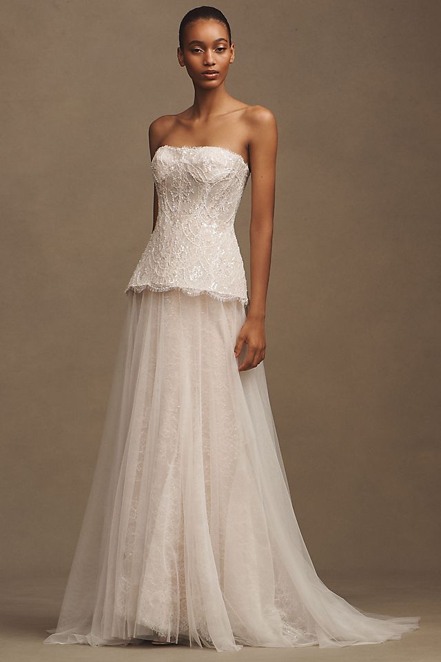 lace drop waist dress WL016 - Strapless Cascading Wedding - Andrea & Leo creating a flattering silhouette Sybelle Lace Drop Waist Mini