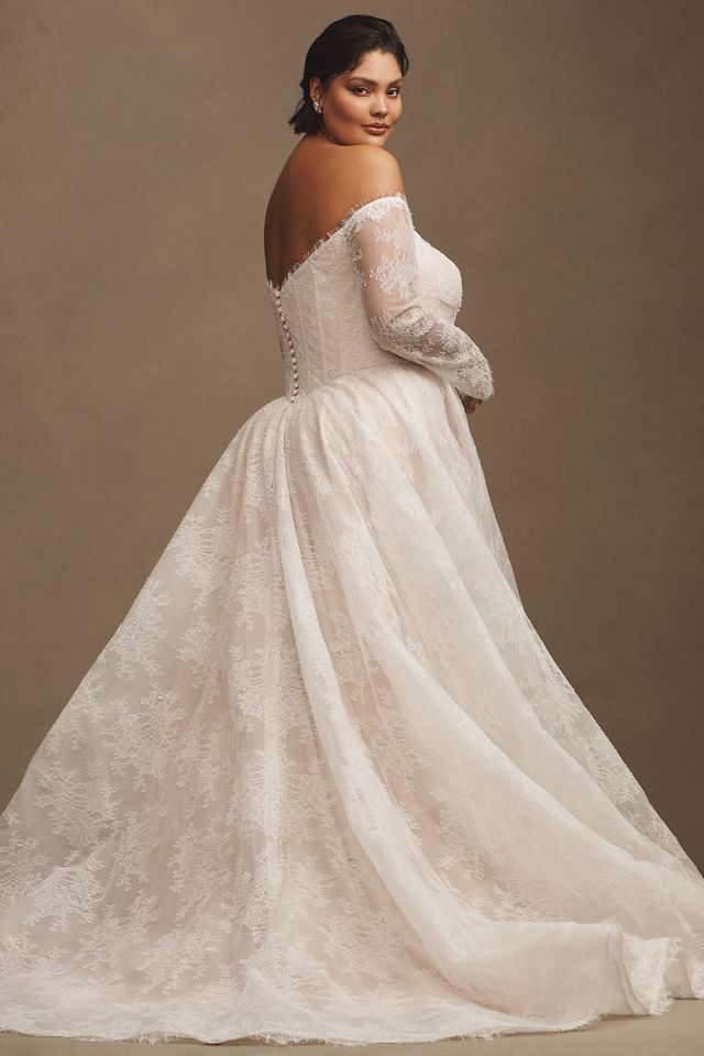 Wtoo by Watters Pendant Lace Off-The-Shoulder Long-Sleeve Ball-Skirt Wedding Gown #4