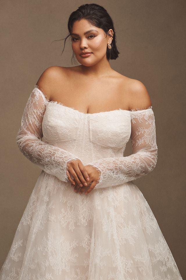 Wtoo by Watters Pendant Lace Off-The-Shoulder Long-Sleeve Ball-Skirt Wedding Gown #5