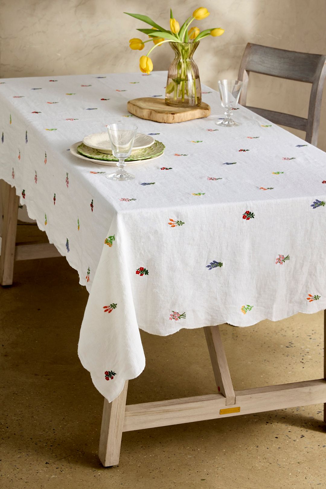 Embroidered Floral Linen Tablecloth - Multi, One Size