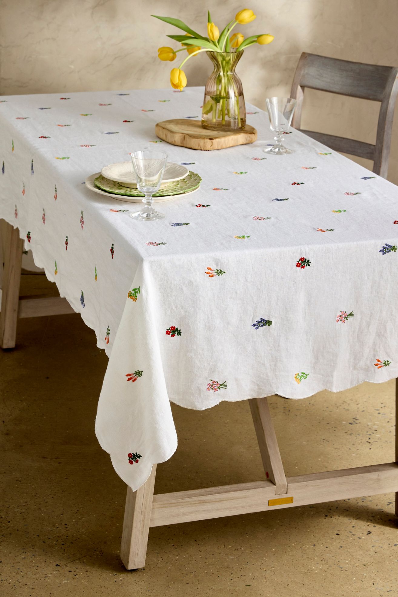 Embroidered Floral Linen Tablecloth - Multi, Standard, One Size