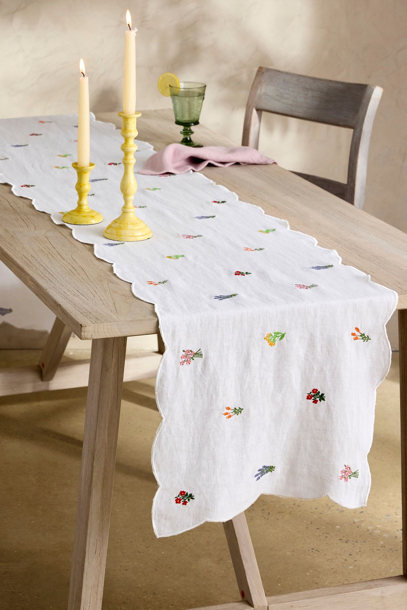 Embroidered Floral Linen Runner - Multi, Standard, One Size