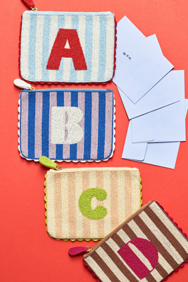 By Anthropologie Beaded Monogram Stripe Pouch In Alphabet