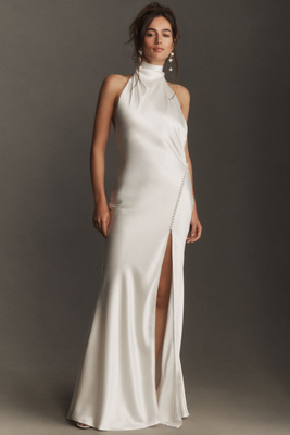SAU LEE PENELOPE HIGH-NECK OPEN-BACK SATIN MAXI DRESS 