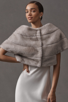 Shop Theia Faux-mink Fur Off-the-shoulder Capelet In Silver