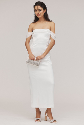 Shop Bhldn Off-the-shoulder Lace-up Satin Column Midi Dress In White