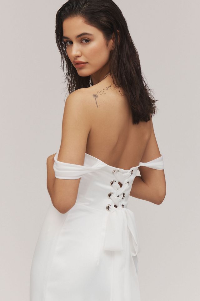 BHLDN Off-The-Shoulder Lace-Up Satin Column Midi Dress #4
