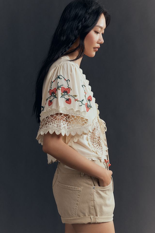 Maeve Linen Blend Embroidered Strawberry Tie-Front Top #2