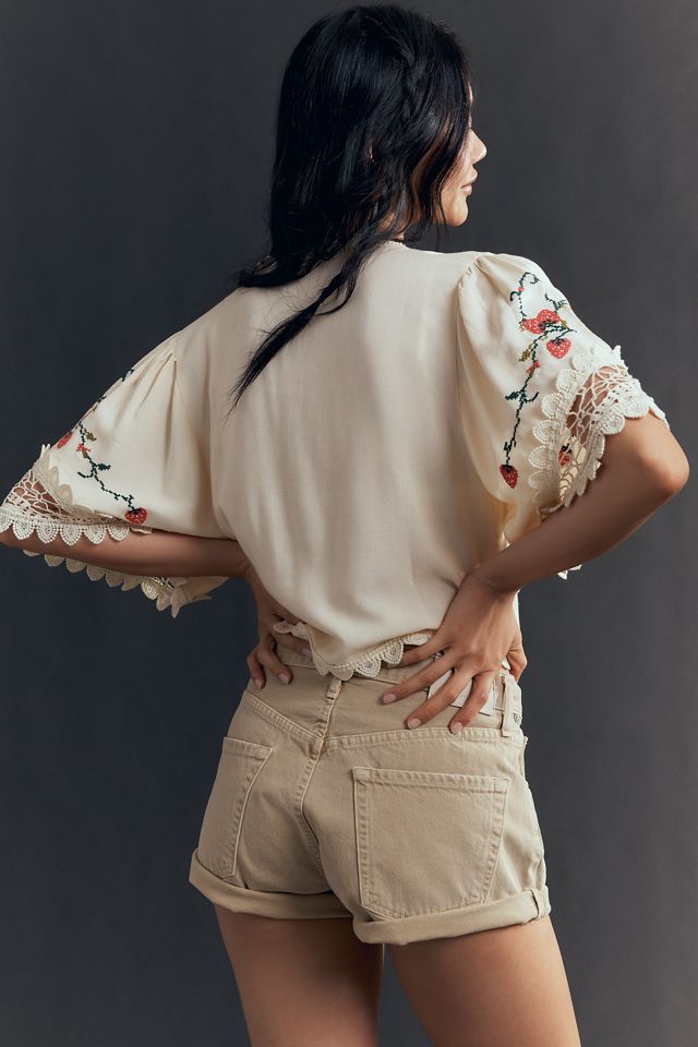 Maeve Linen Blend Embroidered Strawberry Tie-Front Top #3