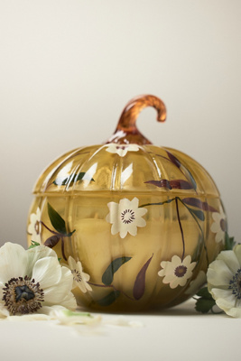 By Anthropologie Gourmand Pumpkin Sweet Vanilla Handpainted Glass Candle