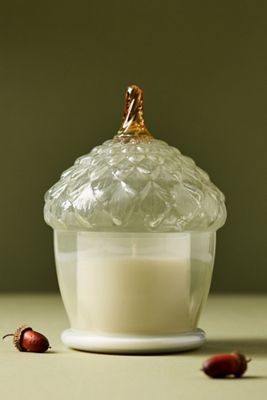Woody Leather & Leaves Glass Acorn Cloche Candle