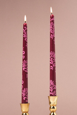 Anthropologie Handpainted Leora Taper Candles, Set Of 2 In Red