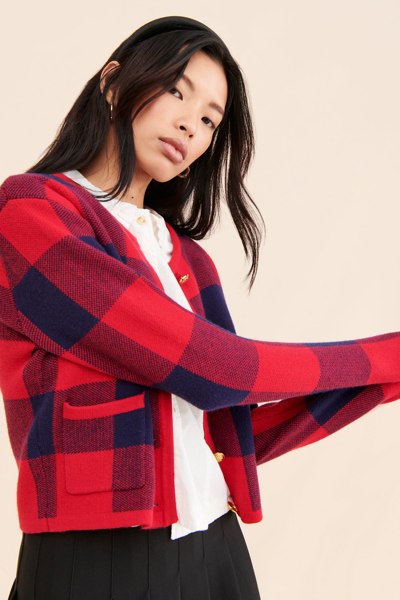 English Factory Plaid Patch Pocket Cardigan