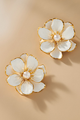 The Pink Reef Handpainted Flower Earrings In White