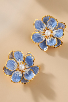 The Pink Reef Handpainted Flower Earrings In Blue