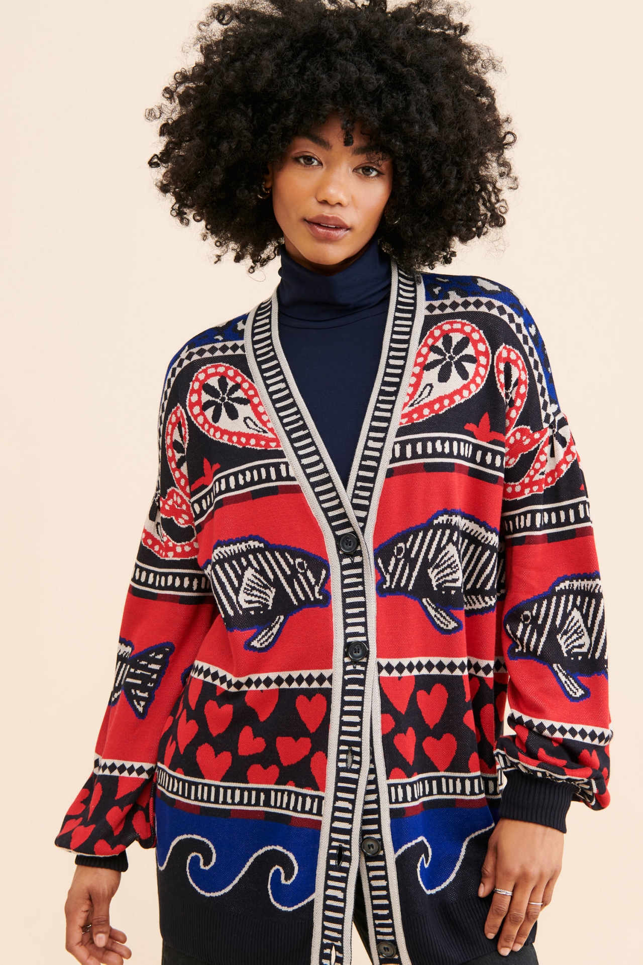 FARM Rio Navy Mixed Prints Knit Cardigan