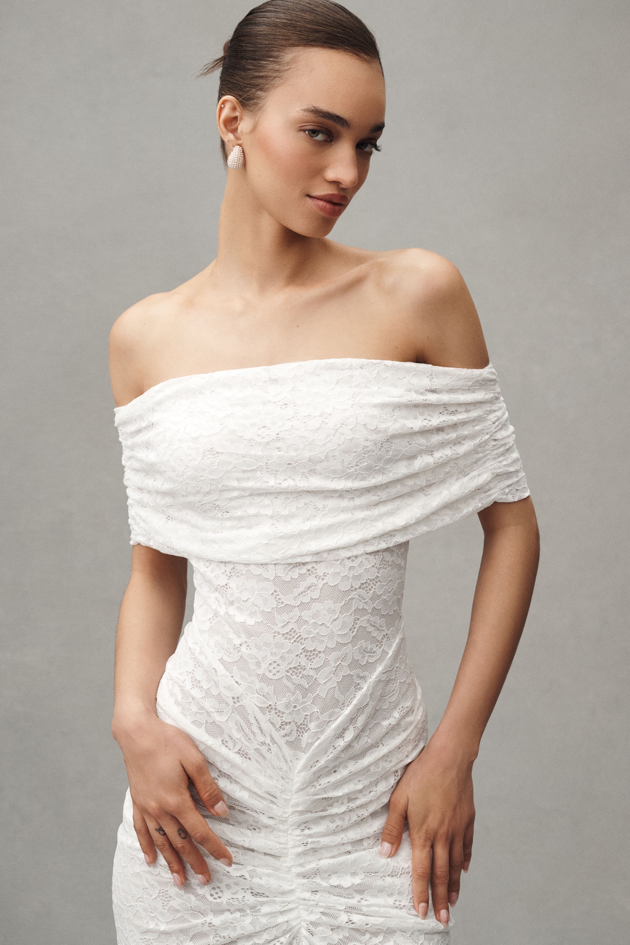 Ronny Kobo Tamsin Off-The-Shoulder Ruched Lace Maxi Dress
